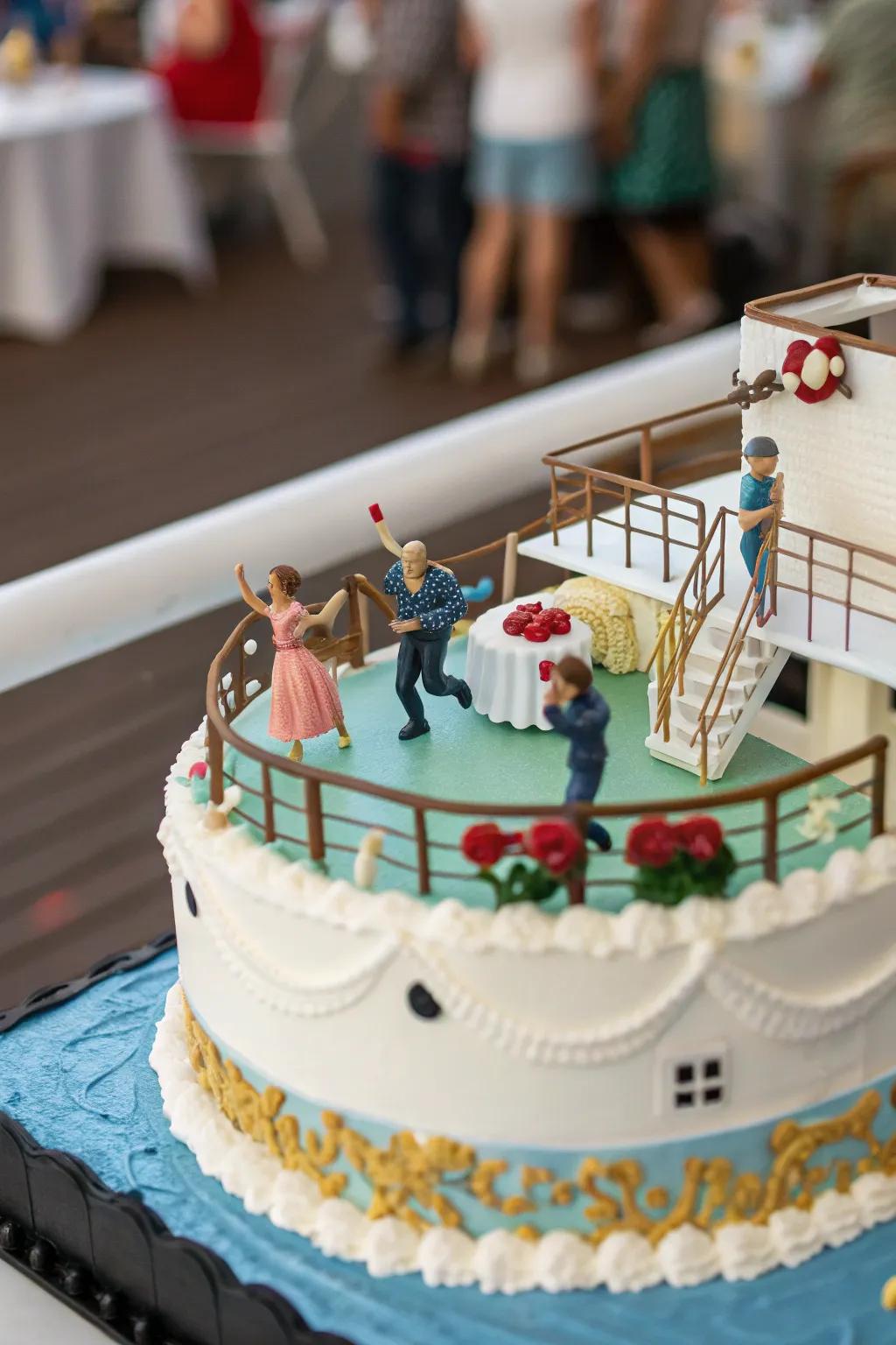 A lively deck party scene adds character to this cake.