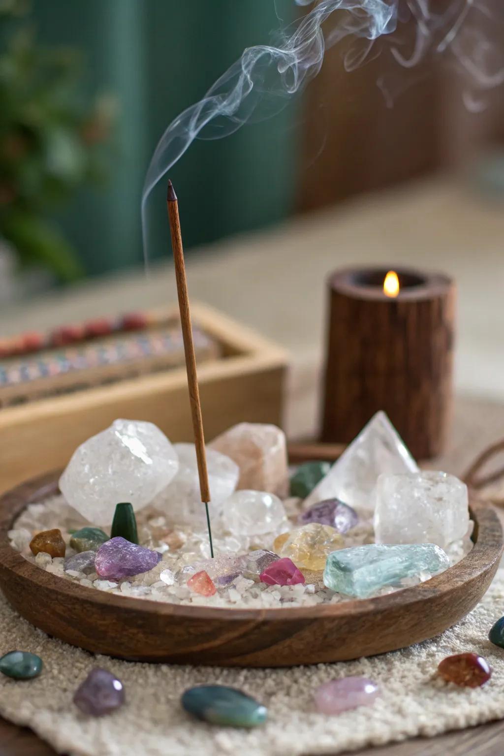 Incense adds a sensory dimension to this altar.