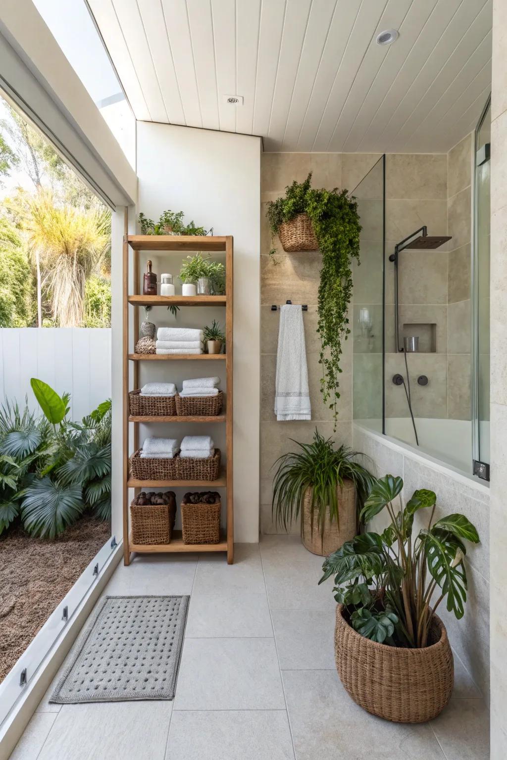 Decorative elements add personality and warmth to this curbless shower.