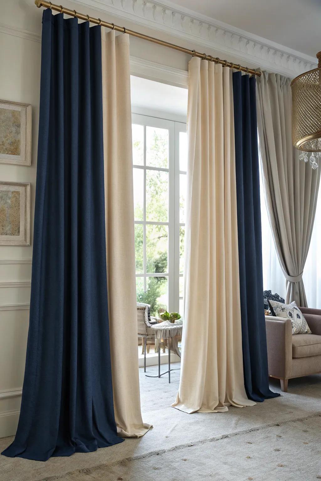 Two-tone curtains add a sophisticated touch with contrasting colors.