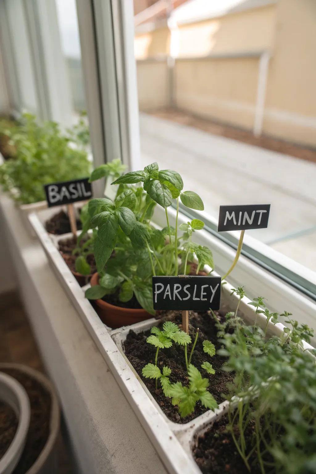 Elegant chalkboard herb labels adding charm to a kitchen windowsill.