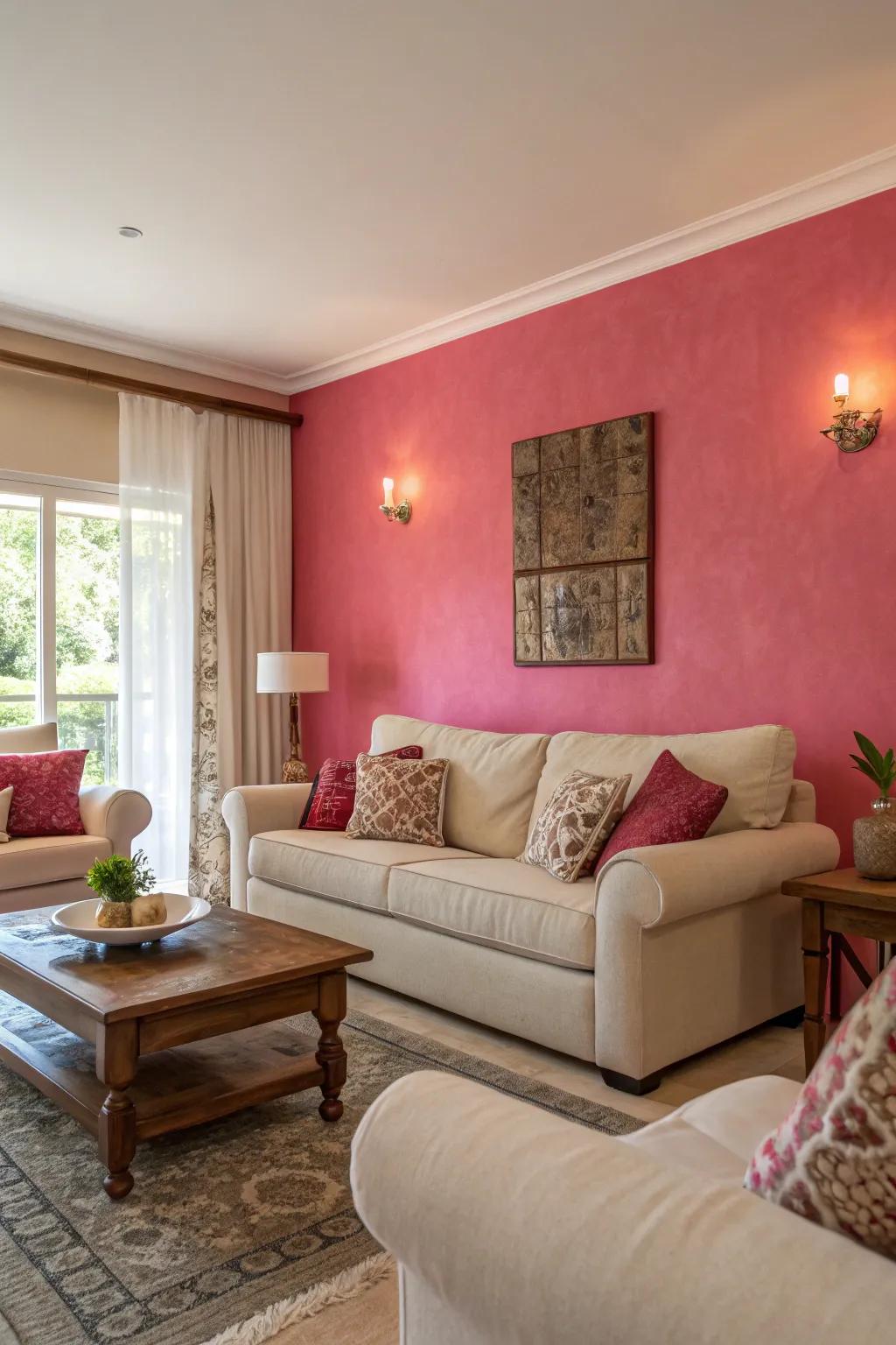 A rose highlighted wall behaves as a striking focal element within the area.
