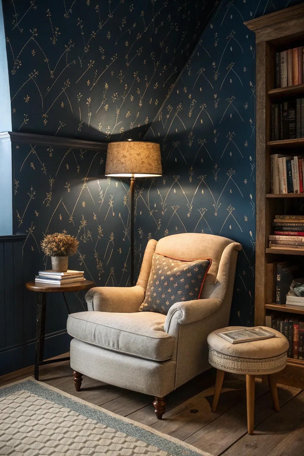 Dark blue tones create a moody, elegant ambiance.