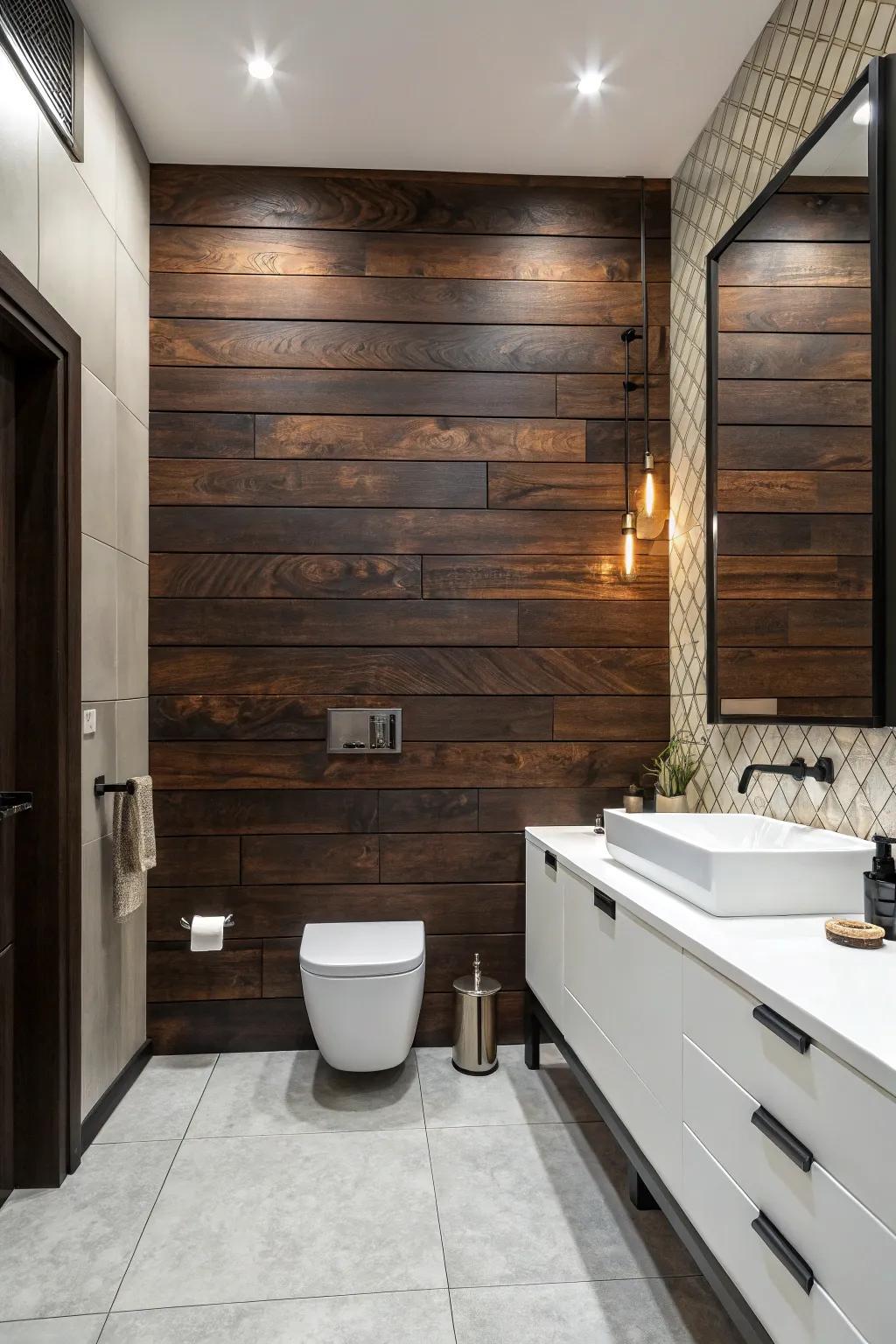 A bold feature wall adds a dramatic touch to this dark wood bathroom.