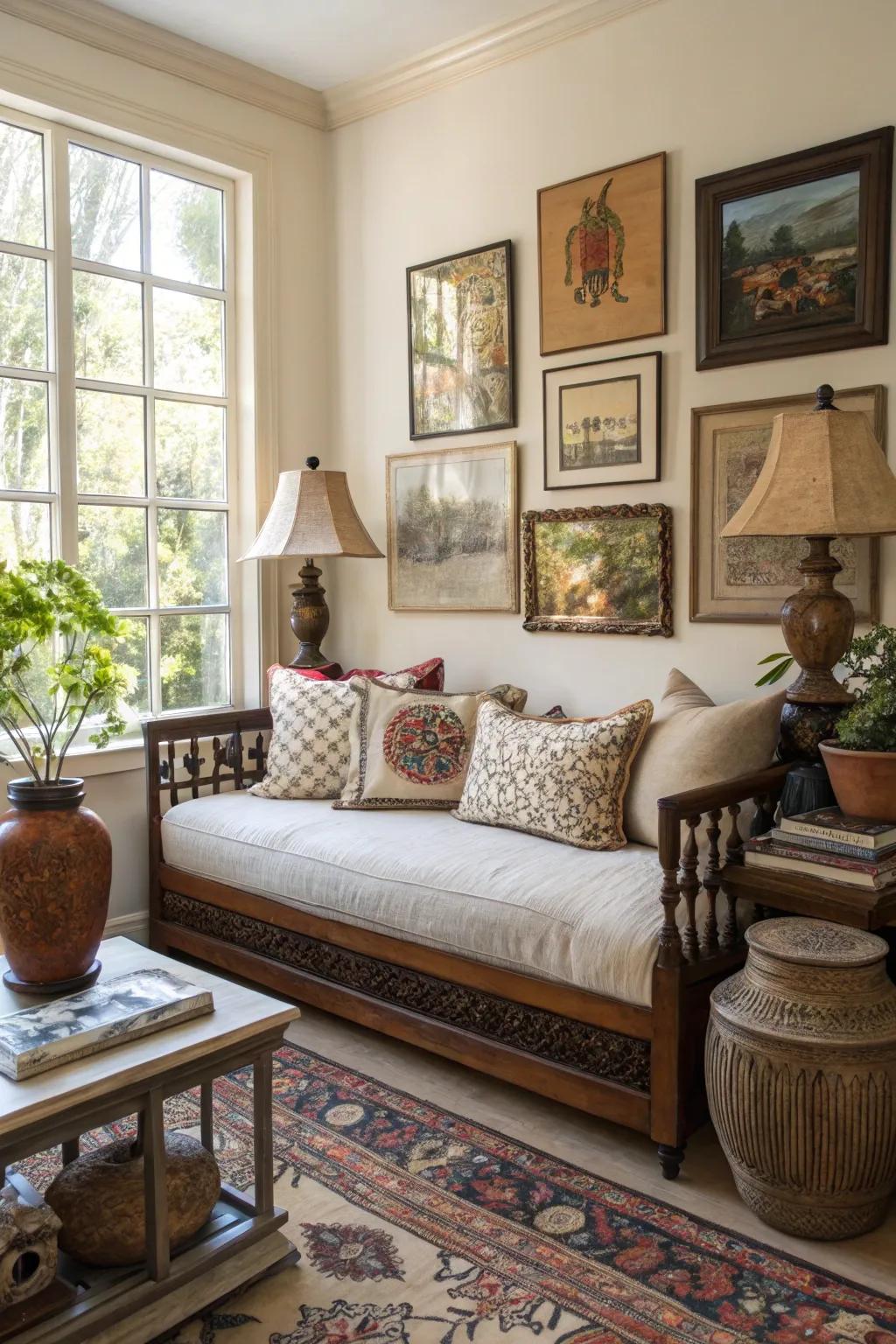 A daybed enhanced by artful accents, creating a captivating focal point.