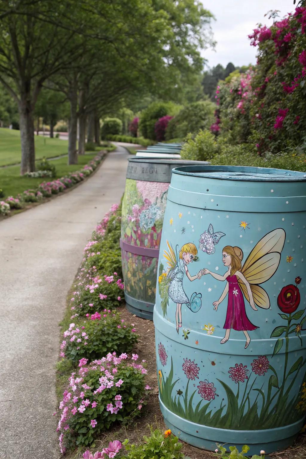 Fairytale-themed painted barrels