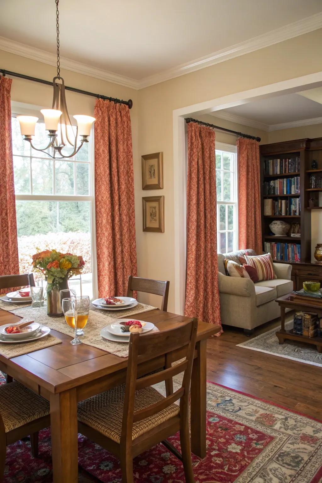 Curtains serving as accent pieces in the dining room.