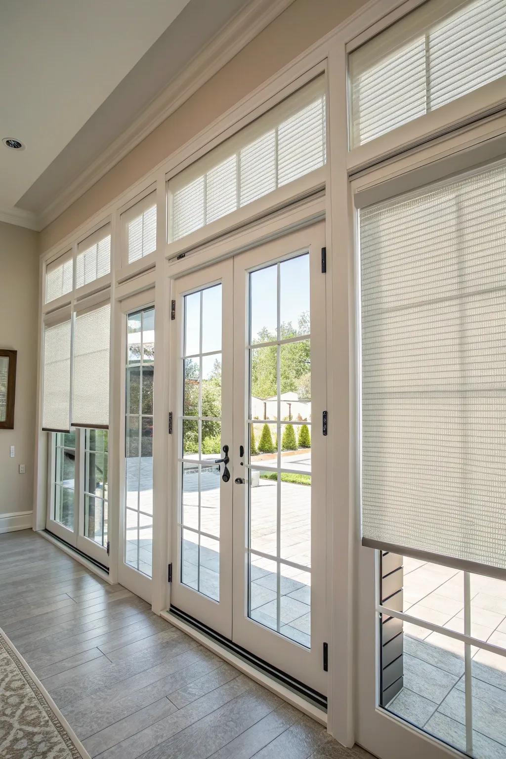 Panel track blinds are ideal for large door windows, offering modern style and privacy.