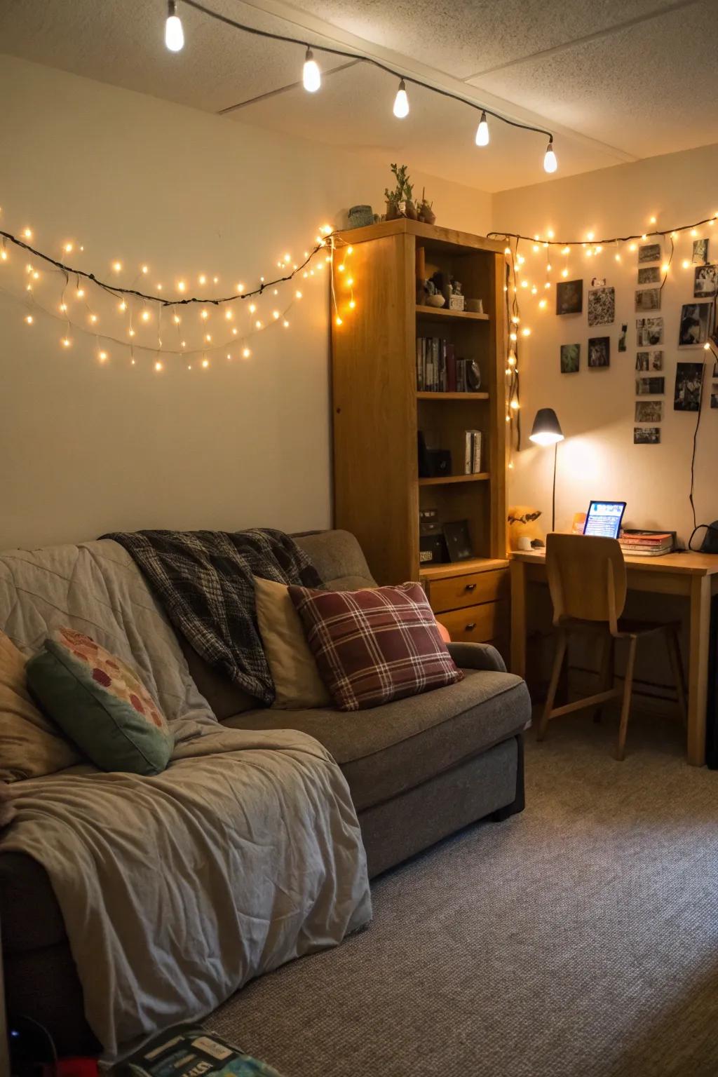 Warm lighting enhances the ambiance around this dorm room couch.