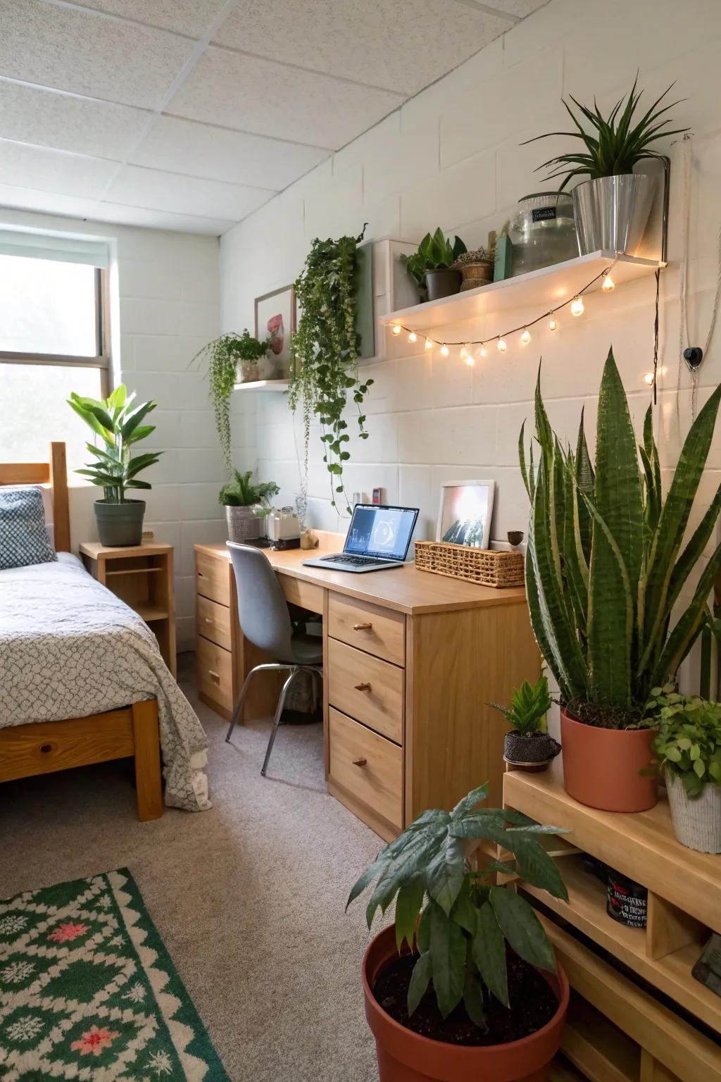 Indoor plants bring freshness and liveliness to the dorm room.