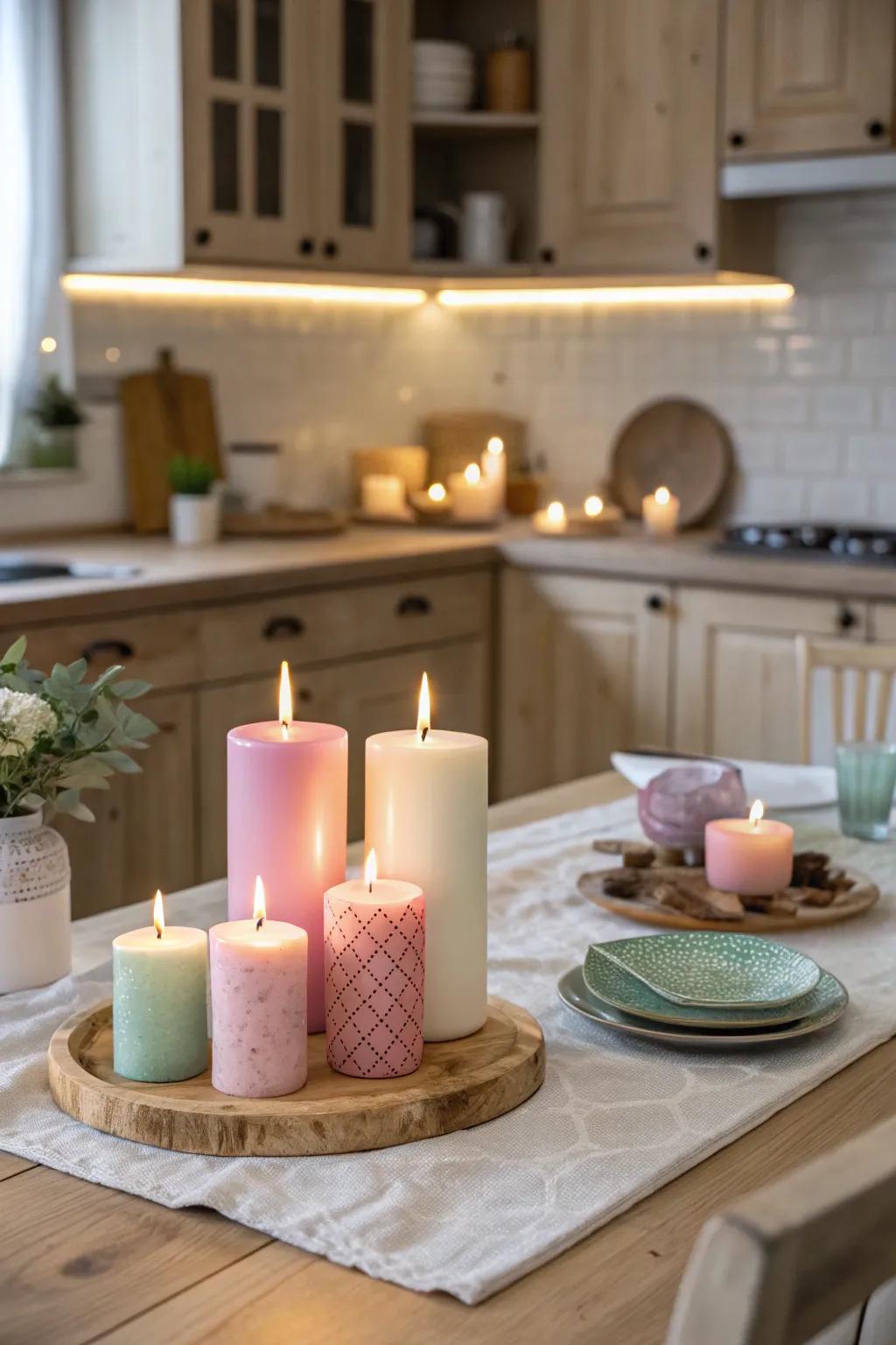 Pastel candles create a warm and inviting ambiance in the kitchen.