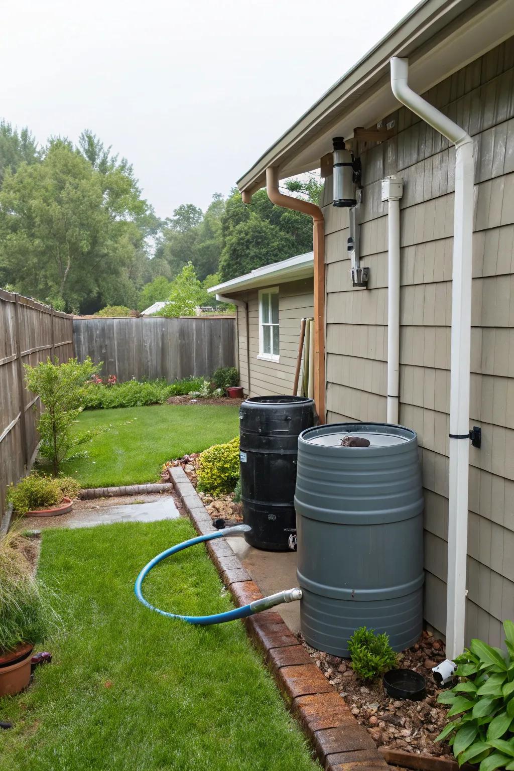 A backyard with a practical rainwater harvesting system with visible rain barrels.