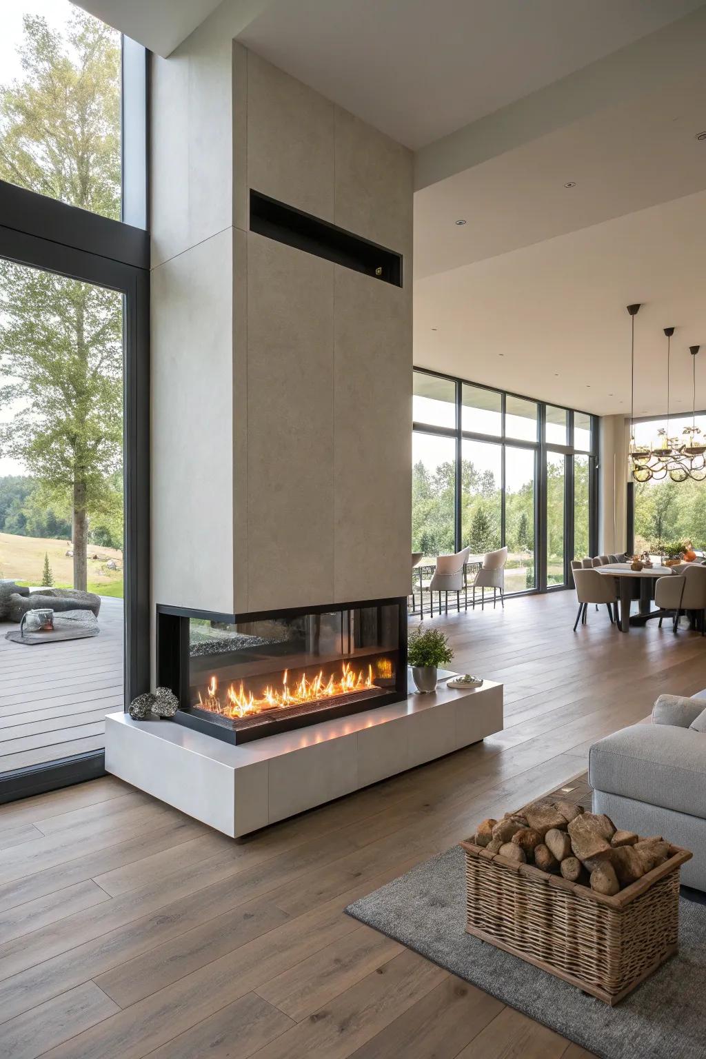 An electric fireplace serving as a room divider in a spacious open-plan living area.