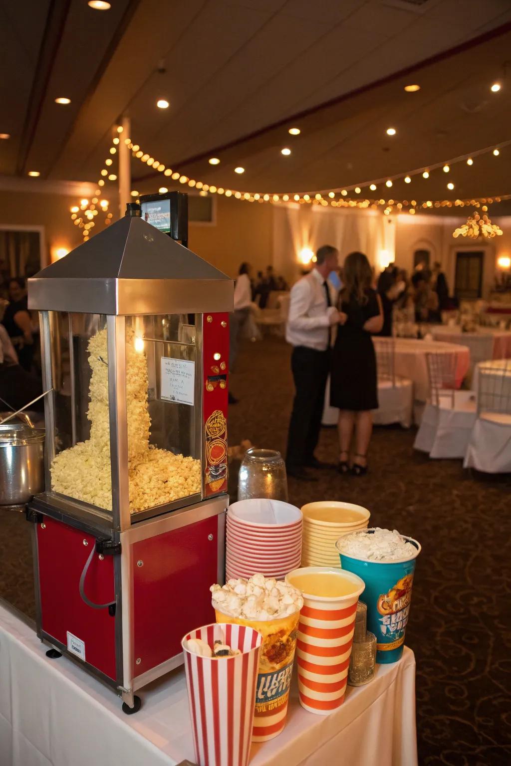 A late-night popcorn snack bar, ready to refuel guests during the wedding reception.