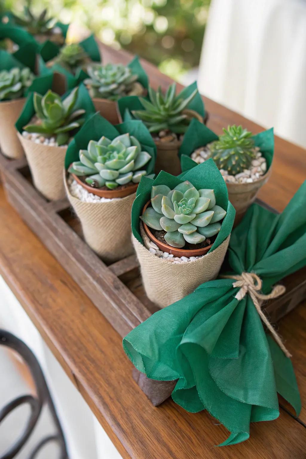 Eco-friendly wedding favors wrapped in emerald green.