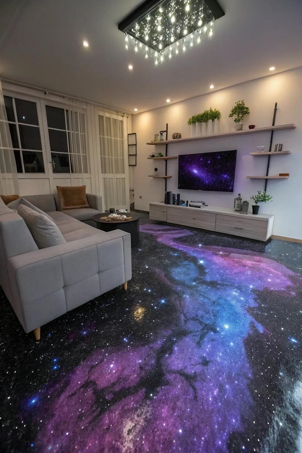 Explore the cosmos with galaxy-inspired epoxy floor designs.