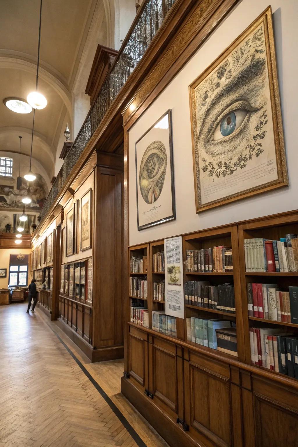 A library adorned with vintage eye illustrations that evoke a sense of nostalgia.