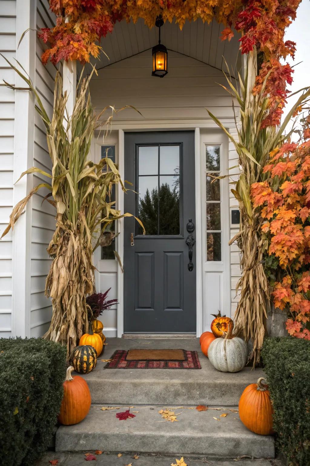 Cornstalks add height and drama to a fall-themed door.