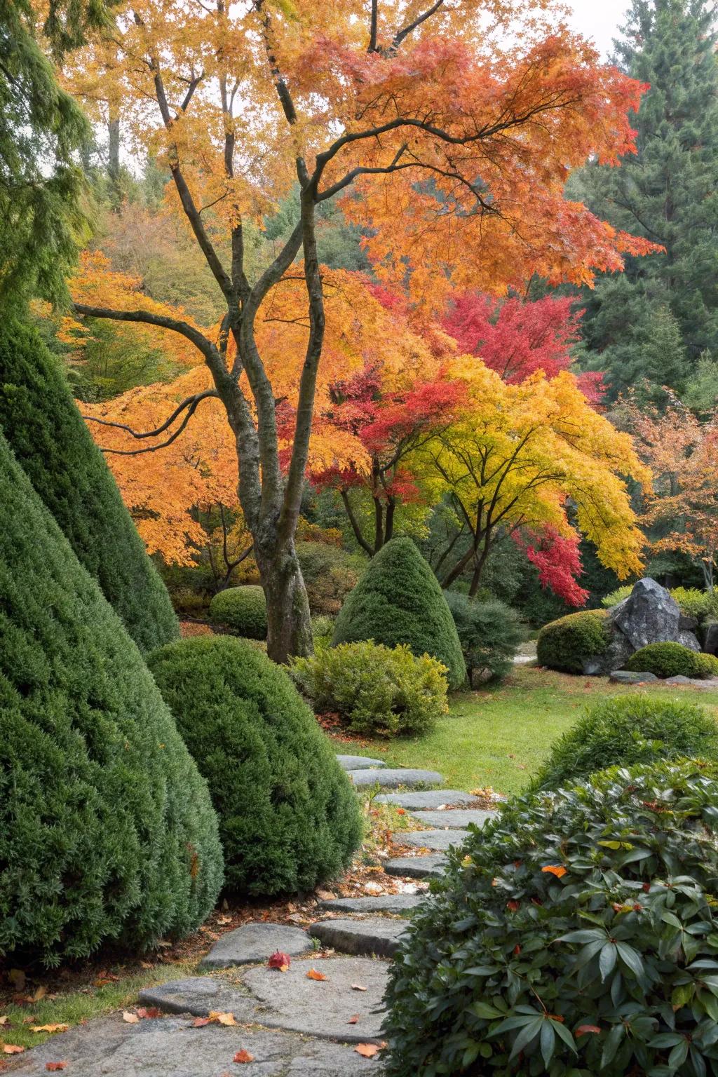 Evergreens provide a striking contrast.