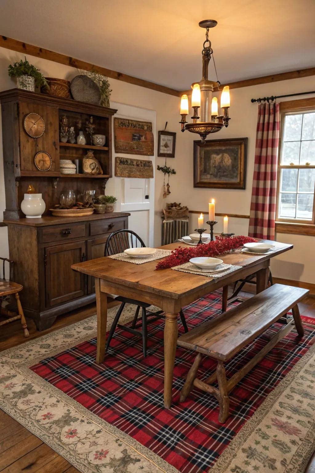 Plaid rugs offer a cozy and inviting touch to dining spaces.