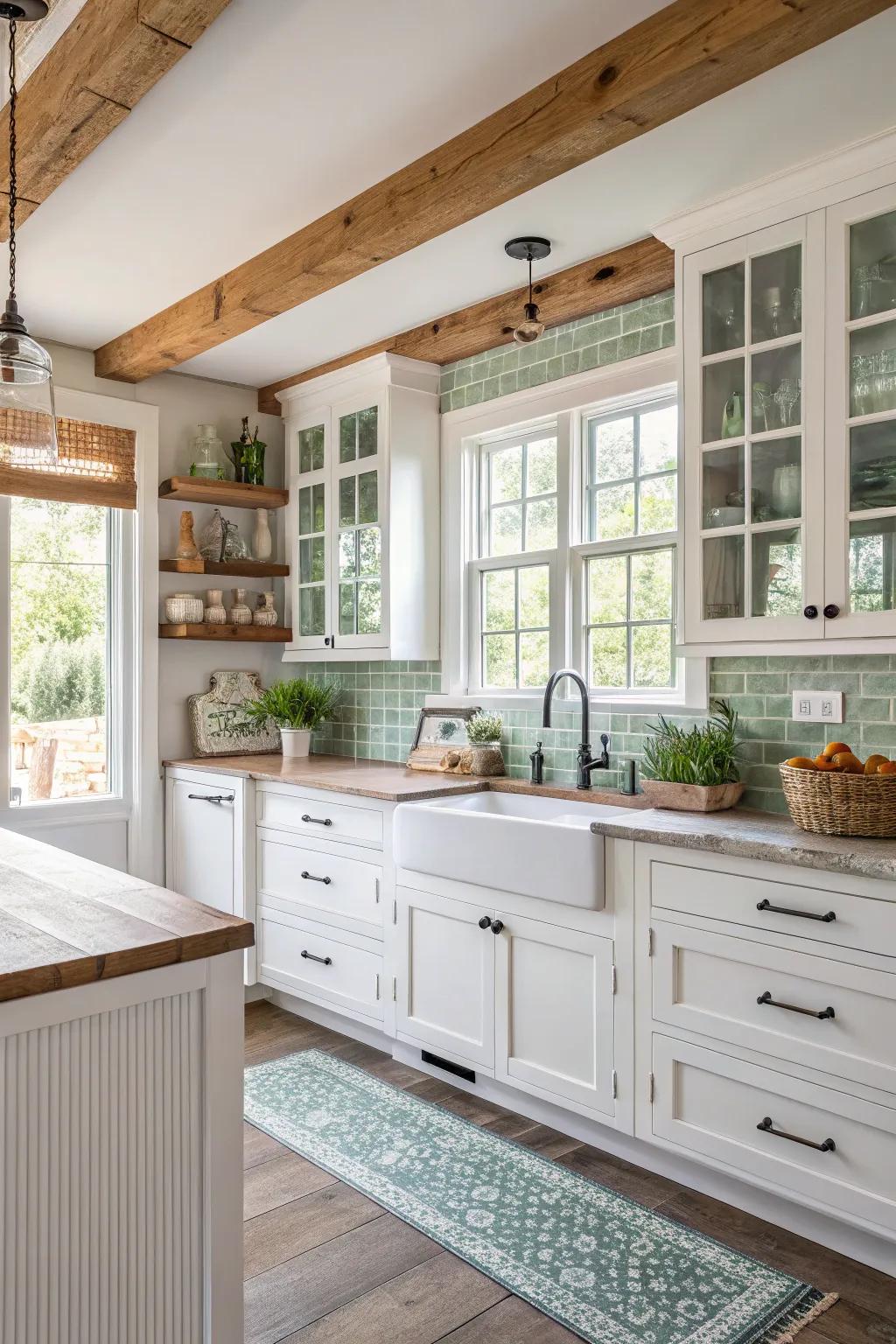 Reflective clear pieces enhance the brightness within this welcoming country-style kitchen.