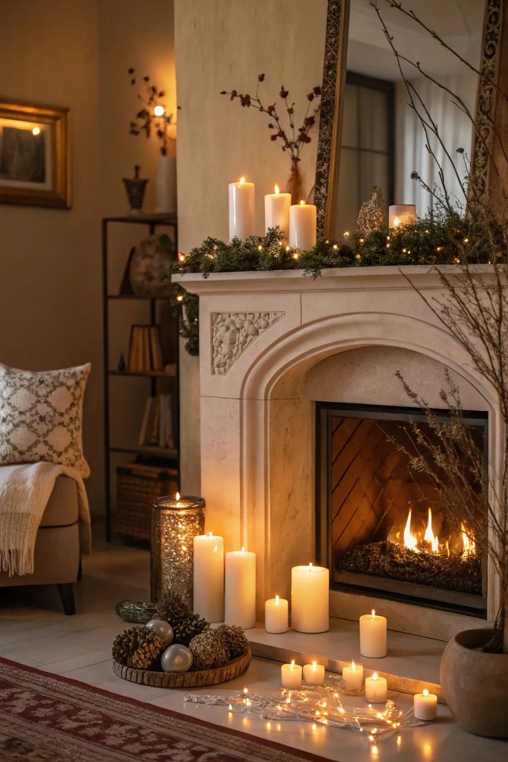 Transform an unused fireplace with decorative candles.