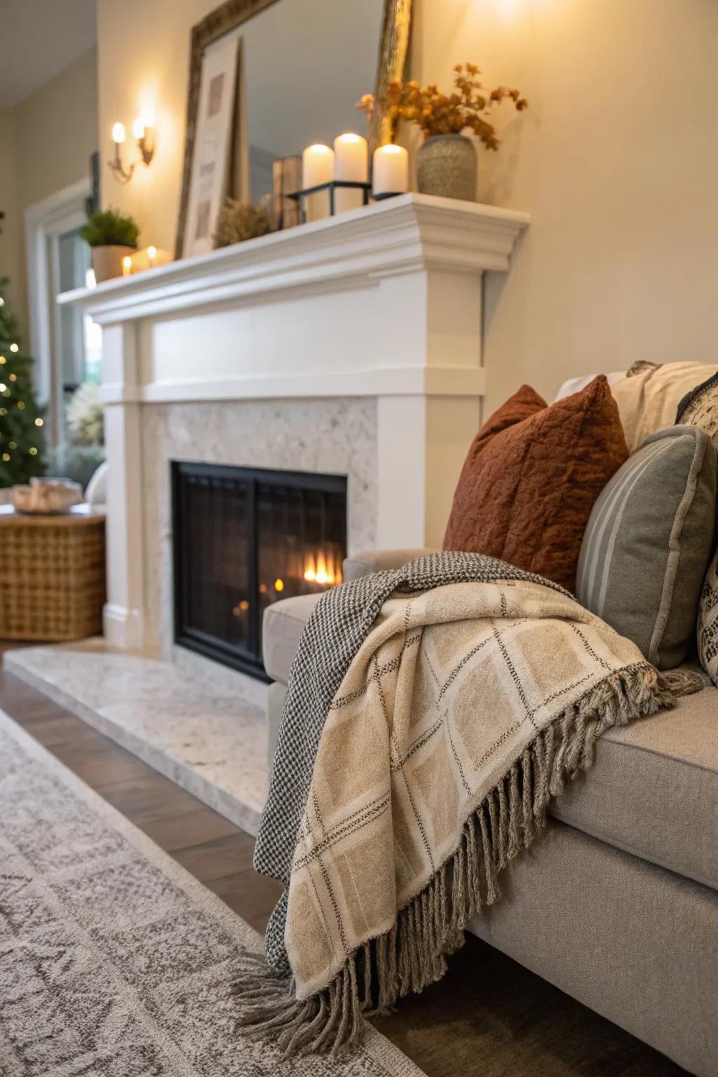 A mantel featuring snug textiles, inviting warmth and relaxation.