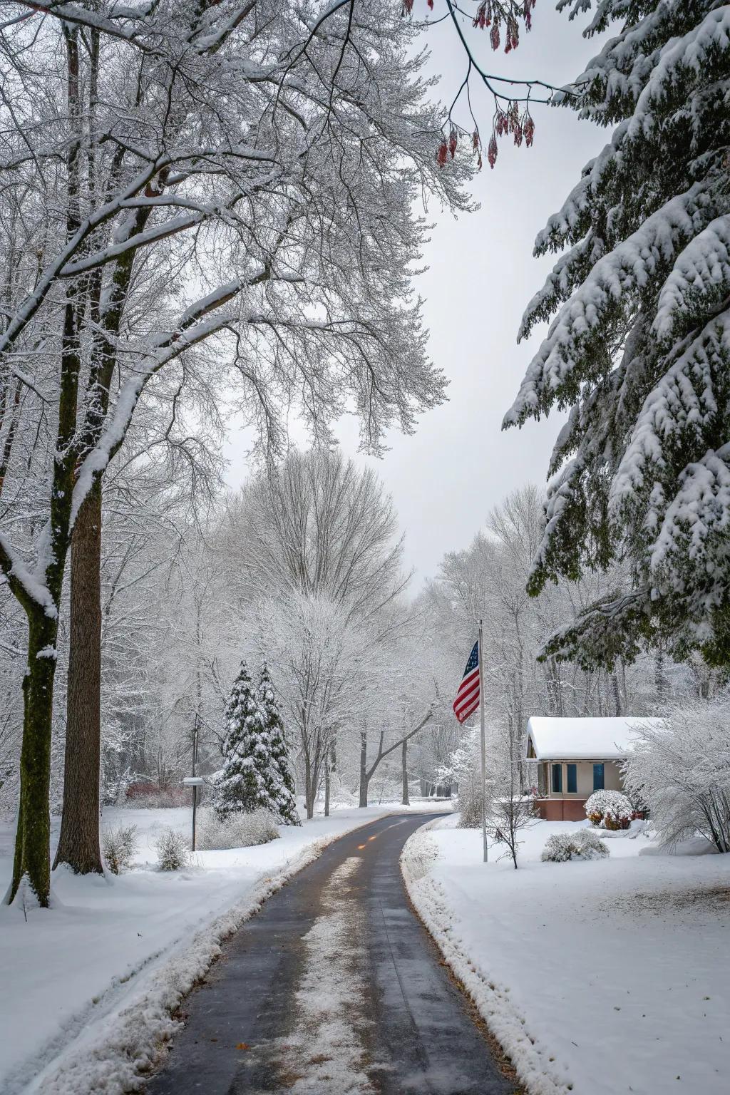 A flag lot driveway in winter, with snow-dusted trees framing a clear path.