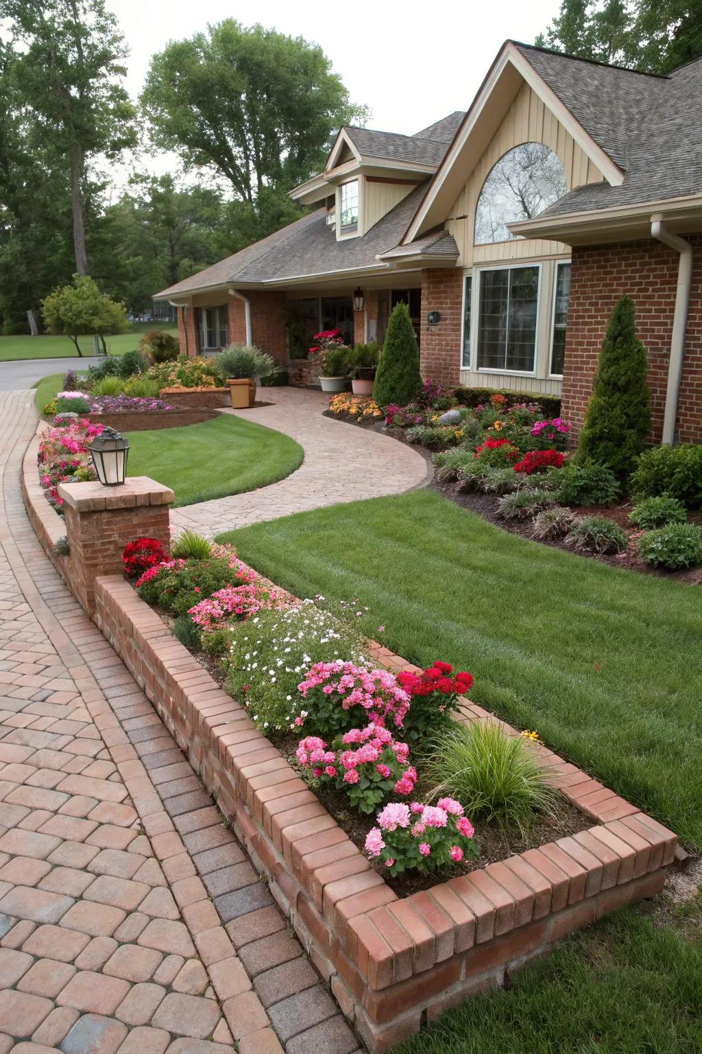 Brick edging maintains a tidy garden appearance.