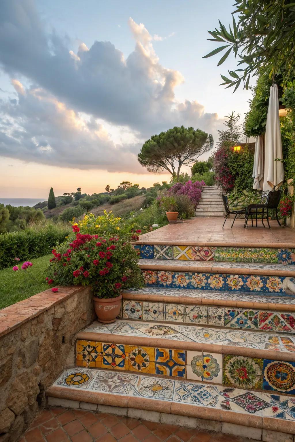 Intricate tiles add vibrant color and artistic flair to this front yard.