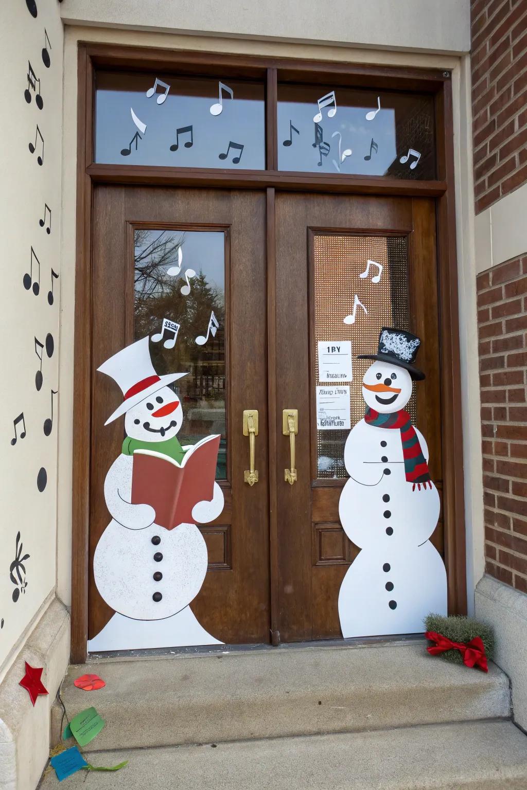 Singing snowmen bring a musical and merry atmosphere to your holiday door.