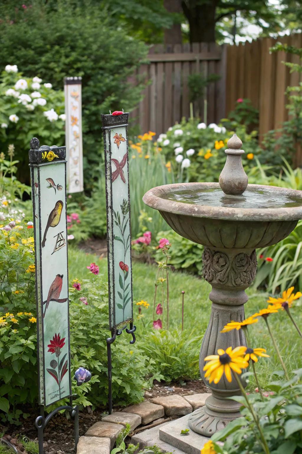 Bird-themed glass posts enhancing the natural grace of the garden.