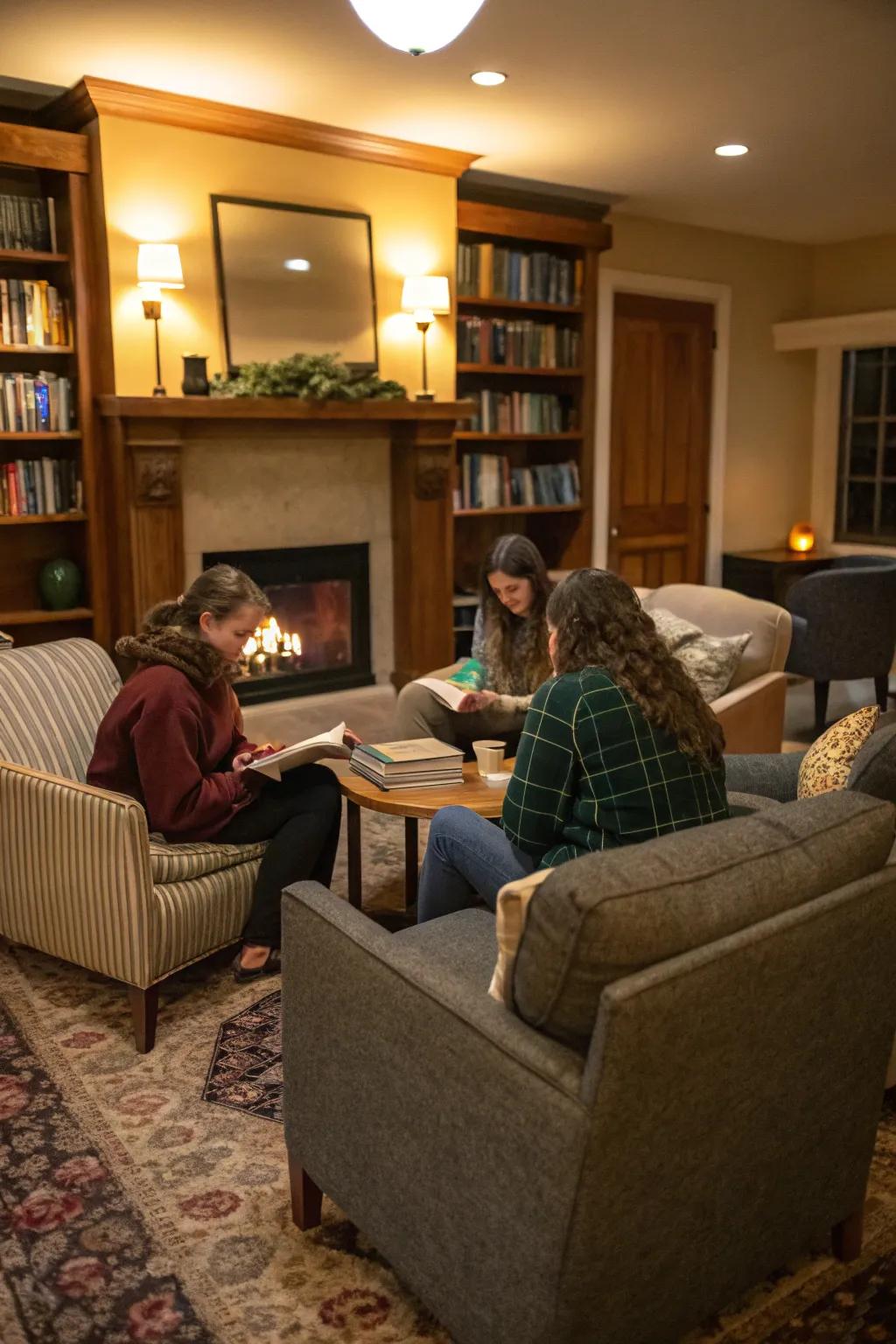 A cozy book club gathering with engaging conversations for Galentine's Day.