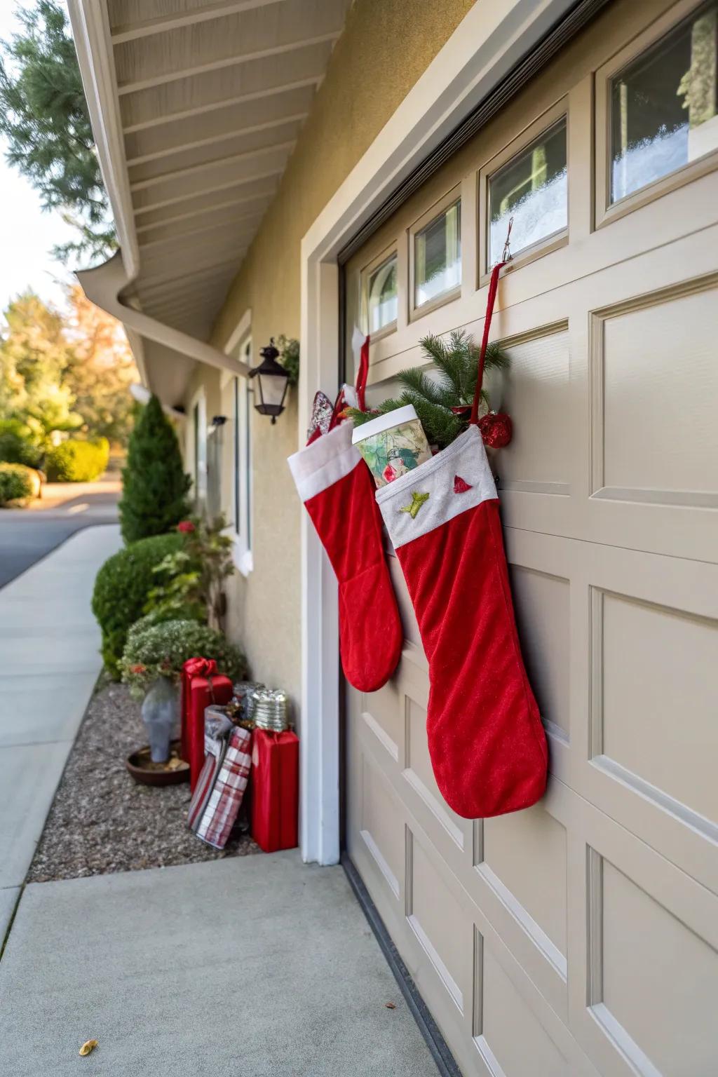 Garage door with large holiday sacks hanging from the top.