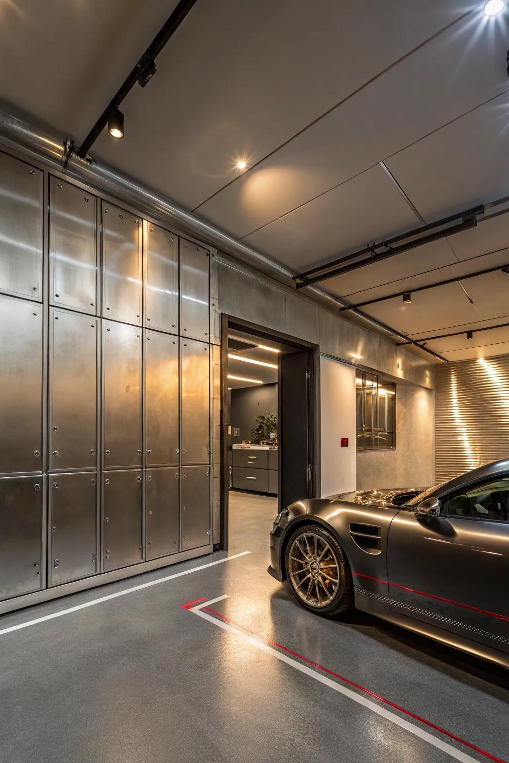 Metallic finishes introduce a luxurious shimmer to garage design.