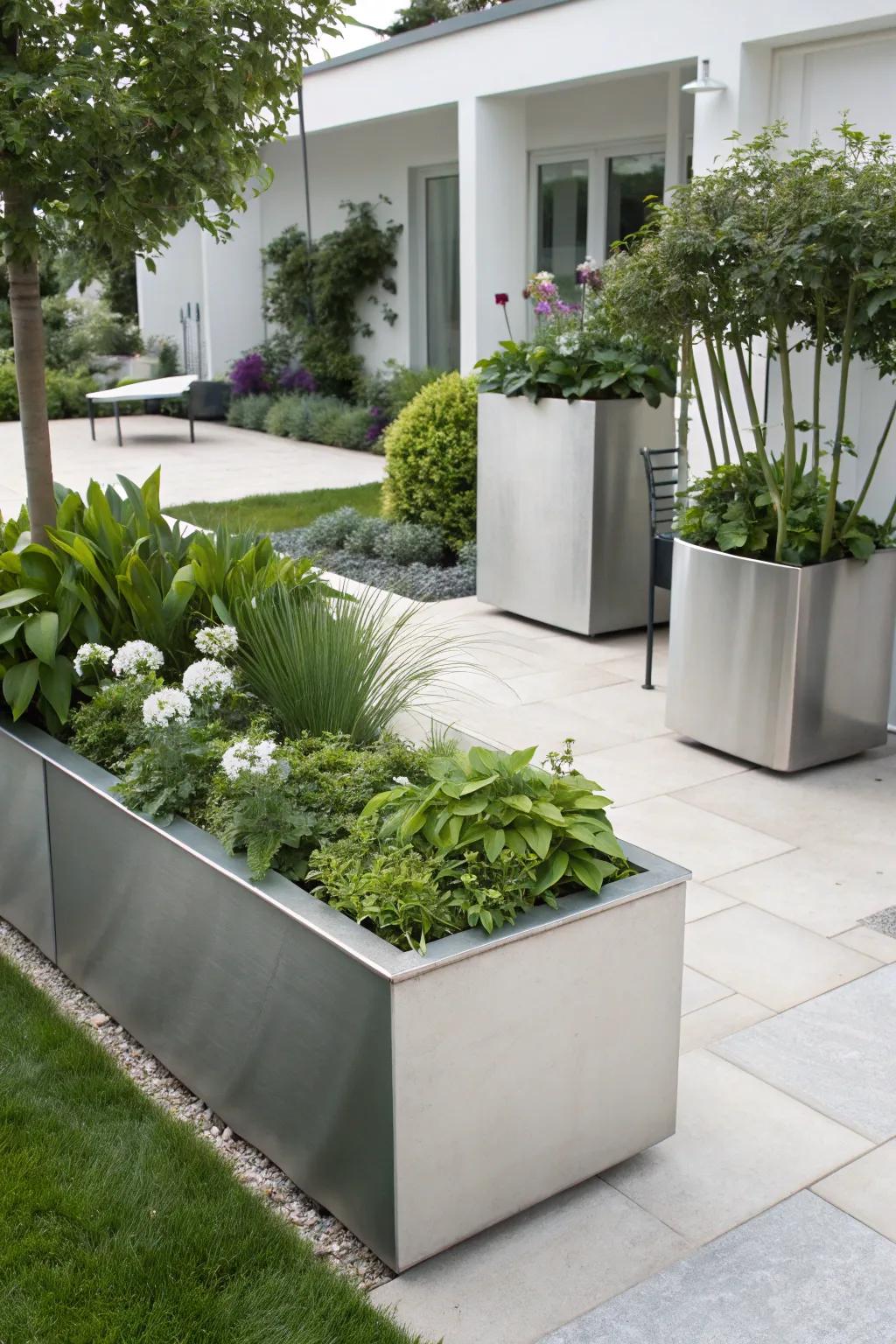 A contemporary garden with sleek metal planters and a minimalistic design.