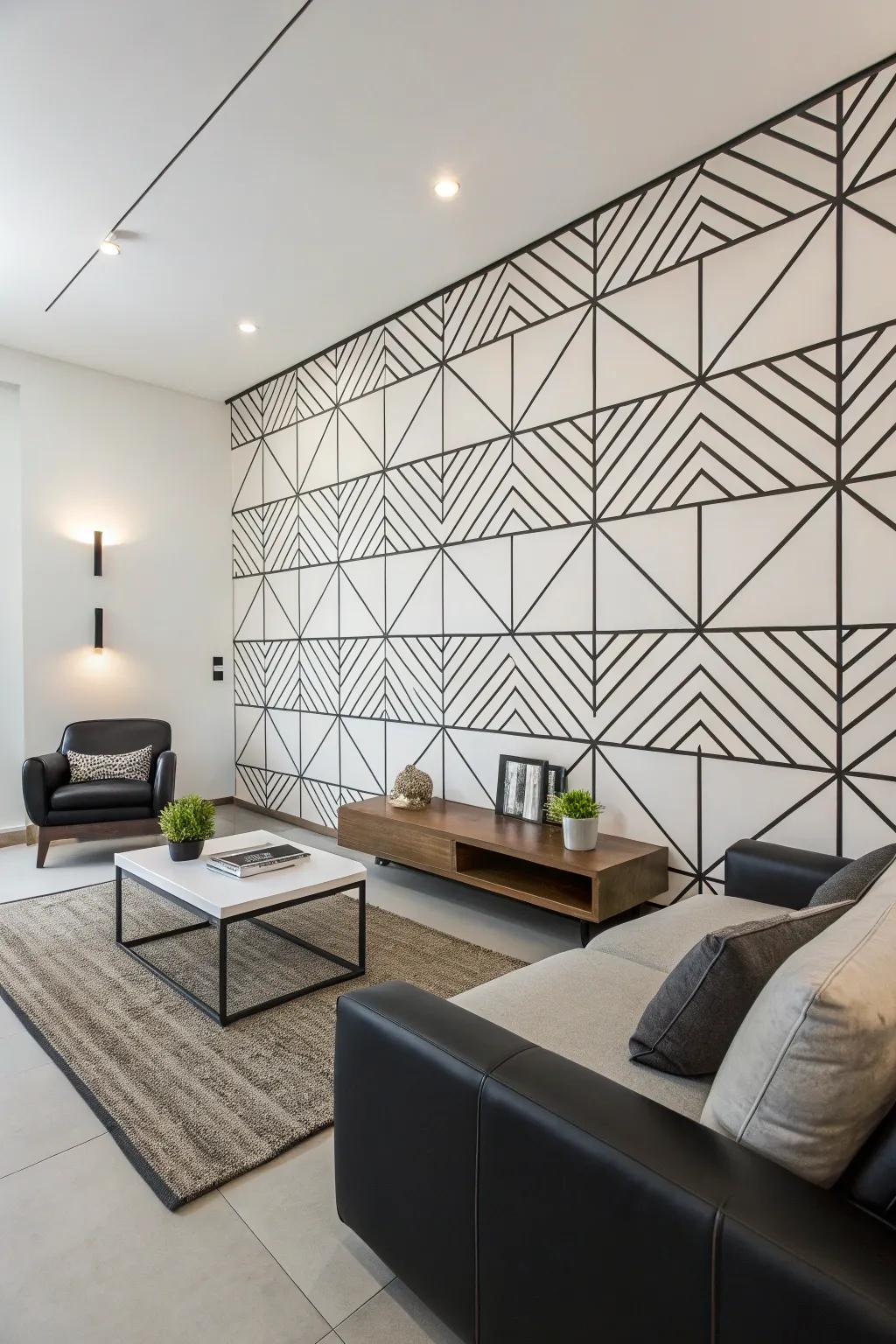 A minimalist space with monochrome linear geometric wall patterns.