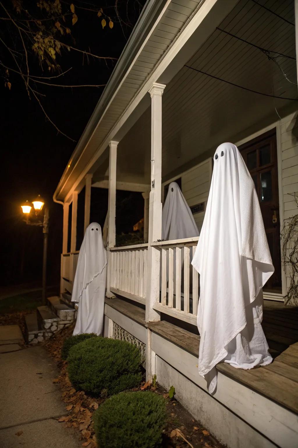 A ghost porch display sets the tone for a spooky Halloween night.