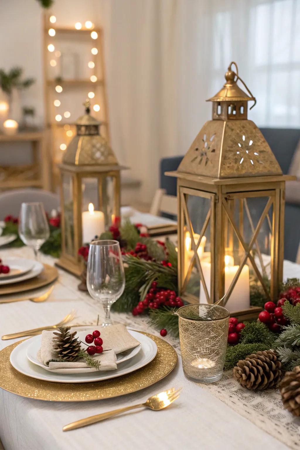 Versatile and festive gold lanterns with seasonal decor.