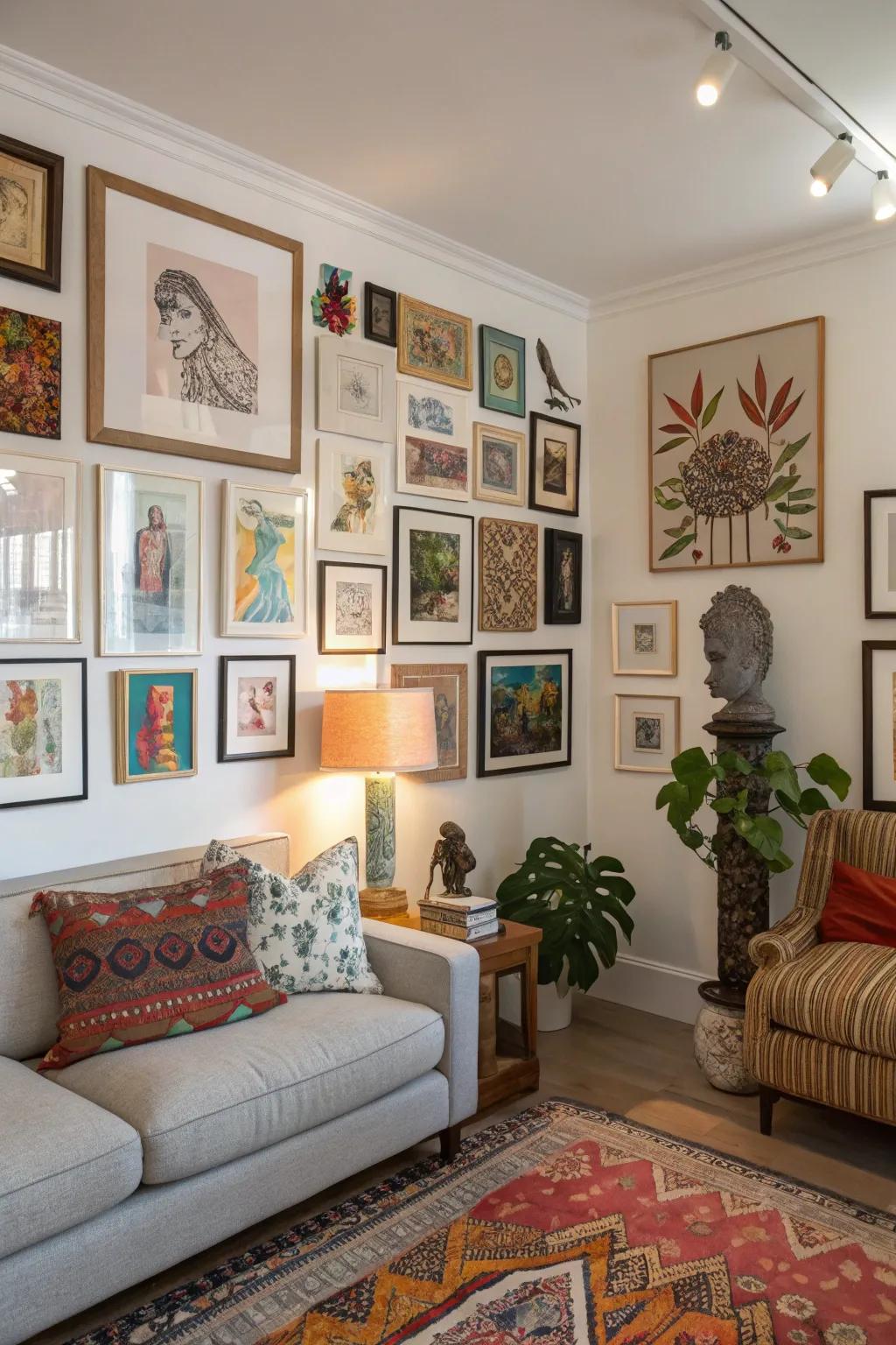 A unique and personal gallery wall with mixed styles.