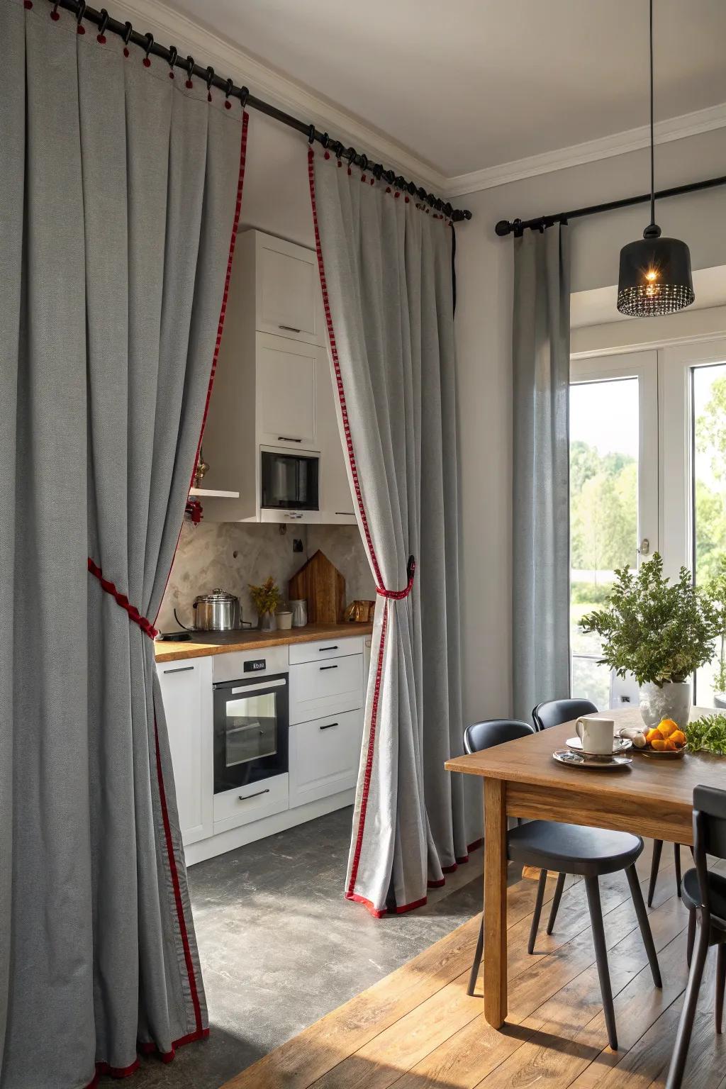 Gray curtains with contrasting edges for a striking visual element.