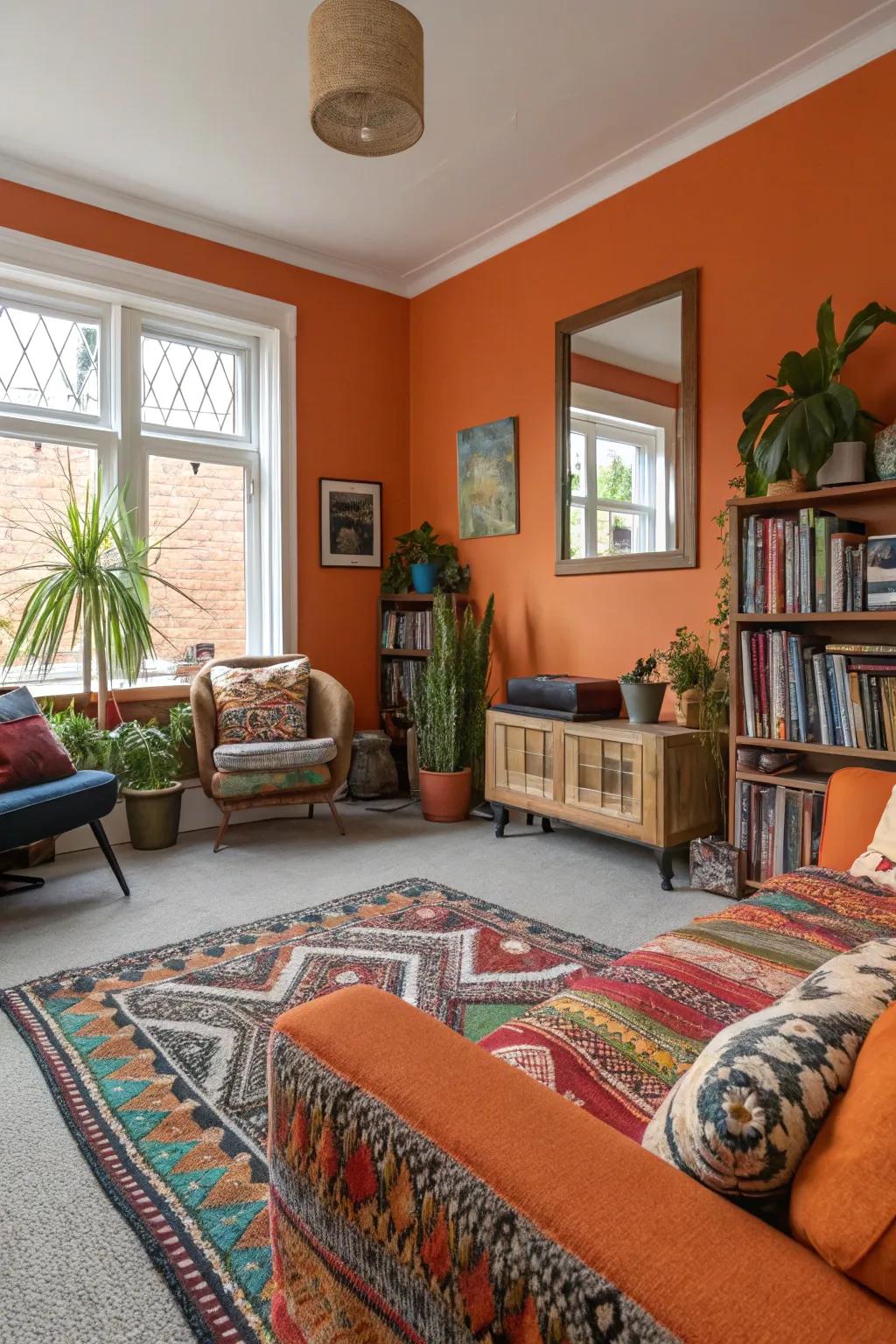 Orange walls add a vibrant pop to grey carpeted spaces.