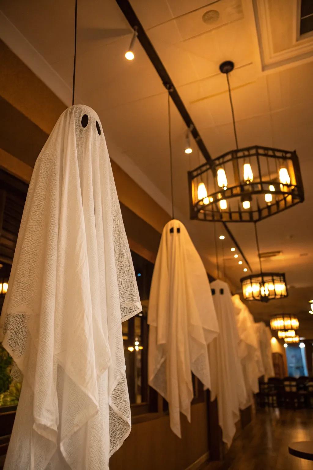 Floating ghosts add a playful element to Halloween decor