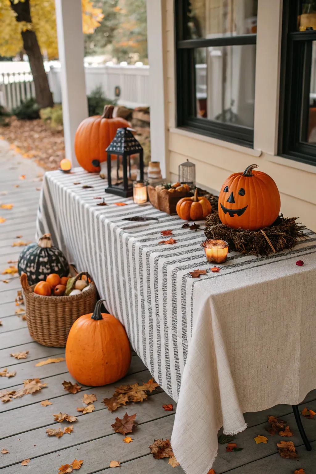 Striped fabrics add a dash of drama to this Halloween scene.