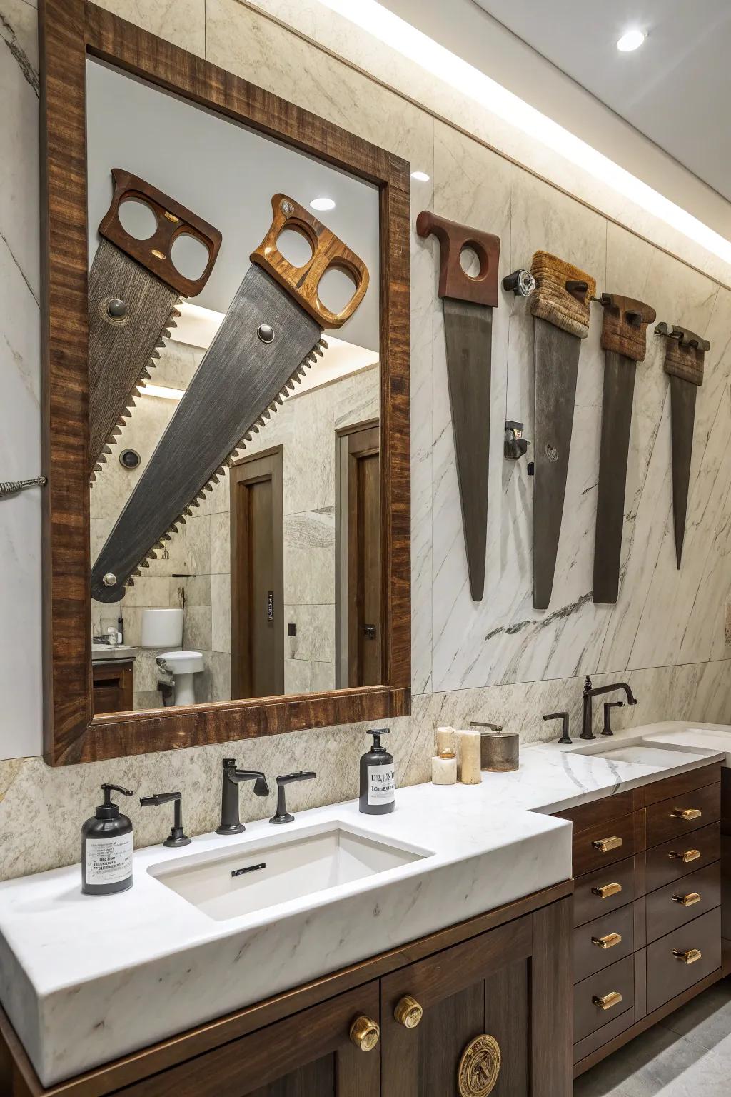 A mirror framed with handsaws for a creative impression.