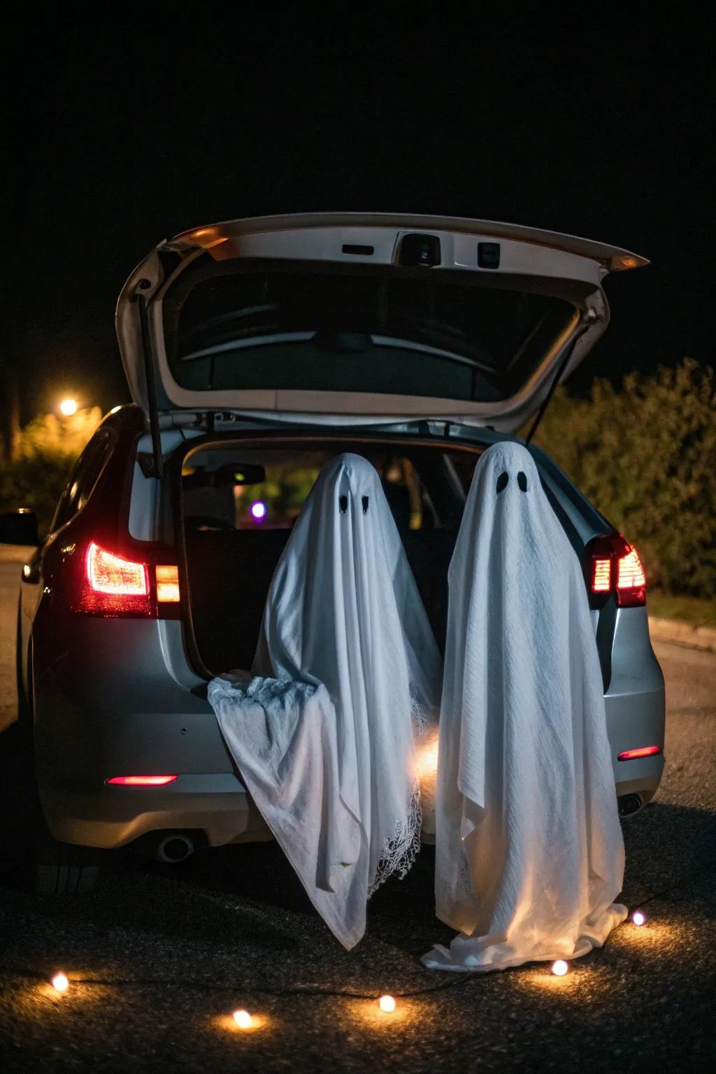 Craft ghostly figures with white sheets for a hauntingly simple trunk decoration.