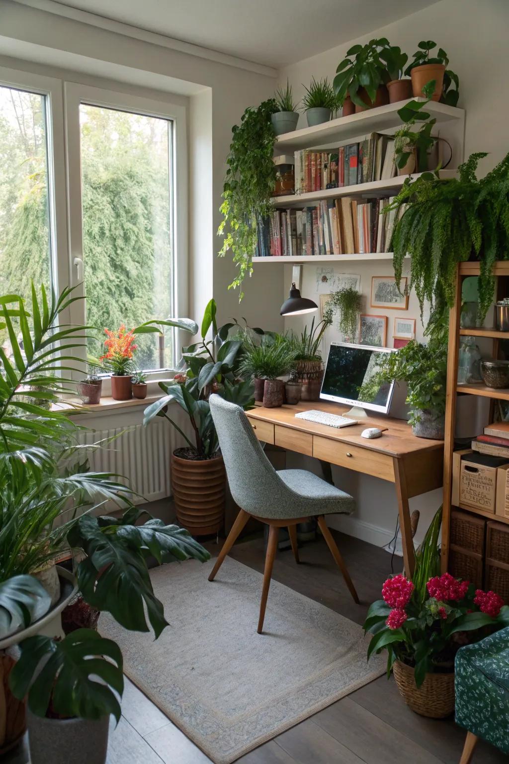 Greenery brings life and freshness to your home office environment.