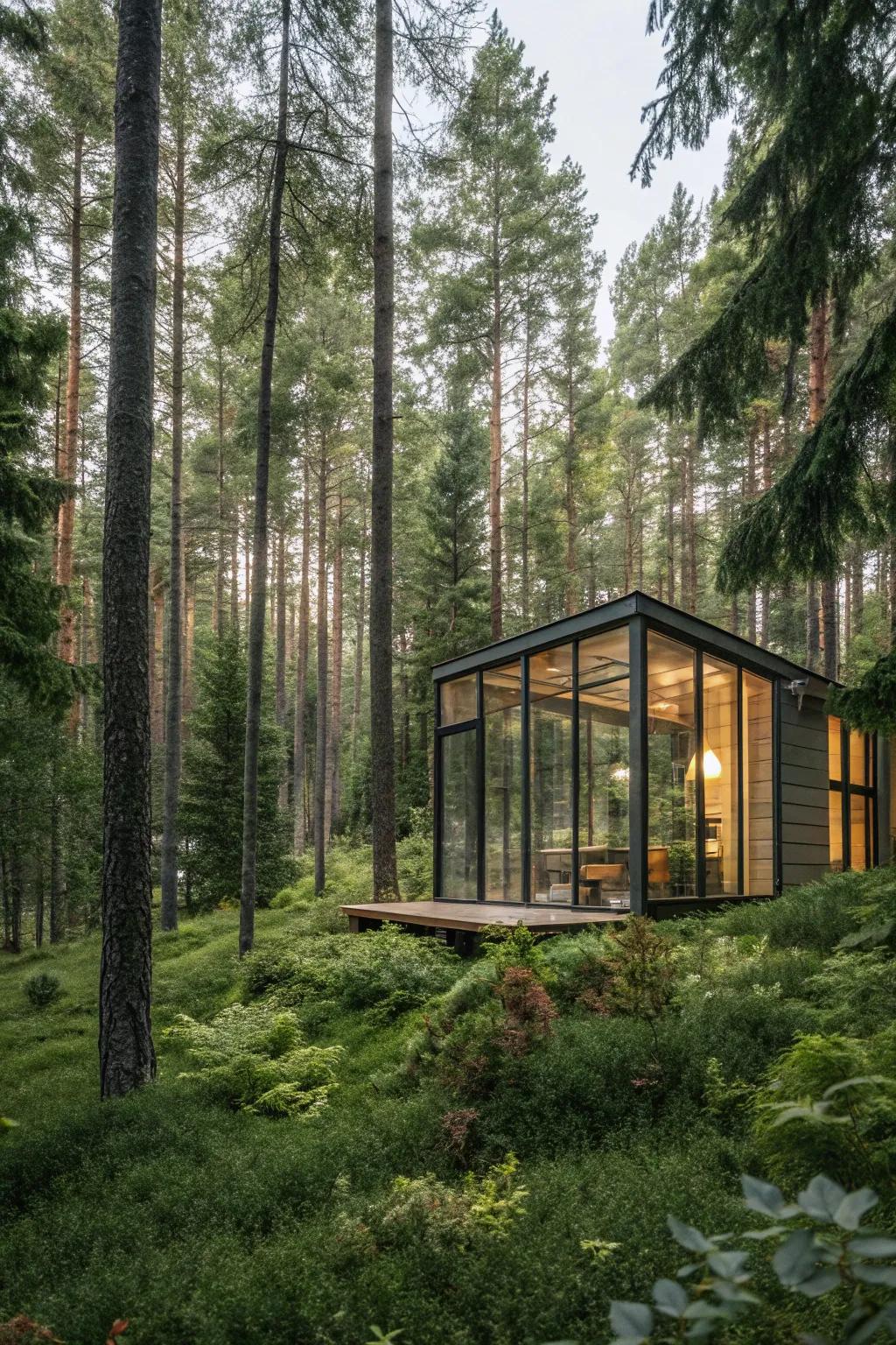 A glass cottage offering panoramic views of the forest.