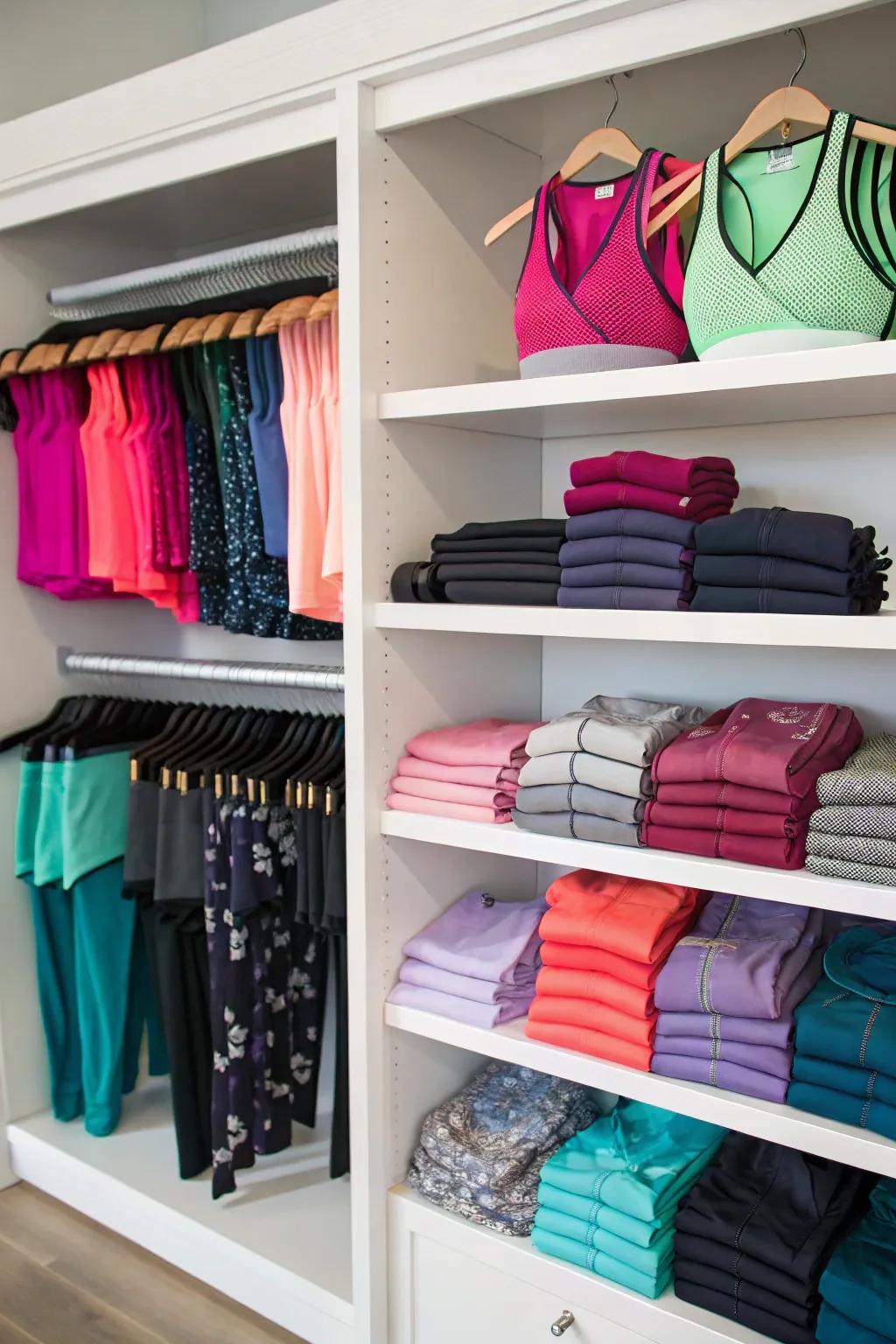 Shelves displaying workout clothes like a boutique.