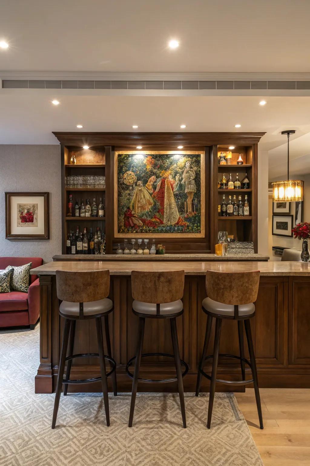 Art brings focus and character to your home bar.